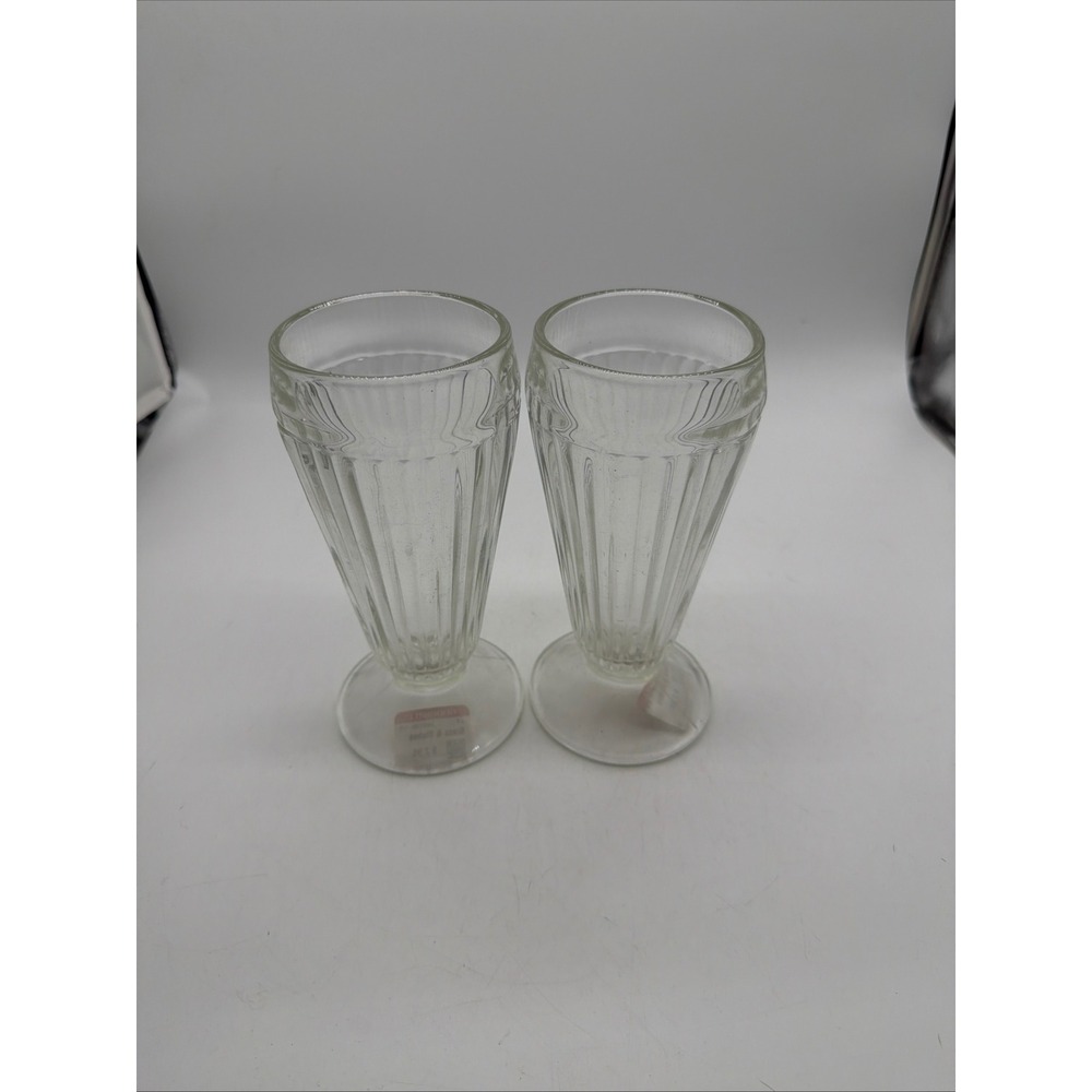 Vintage Ribbed Glass Soda Fountain Milkshake Sundae Glasses Set of 2 Clear 7.5in